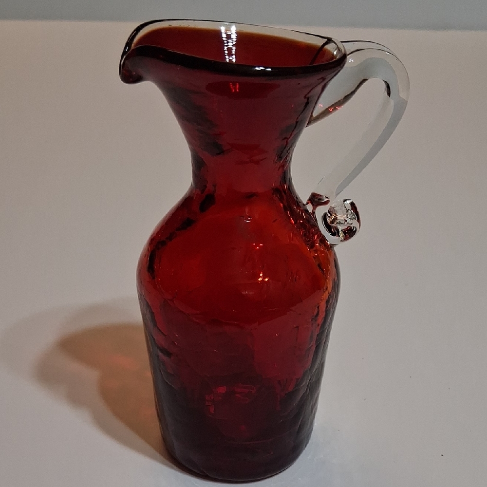 Vintage Red Ruby Crackle Glass Small Pitcher With Clear Handle